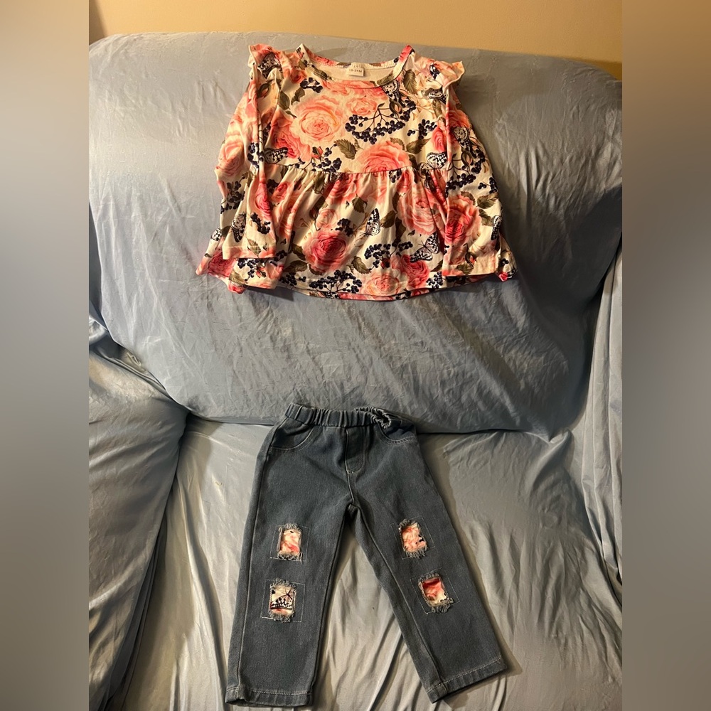 Floral Top and Blue Distressed Kids Jeans